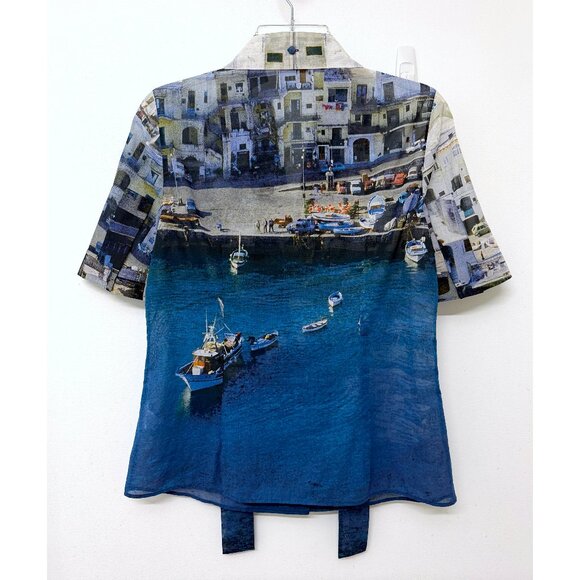 Akris Marina Grande Capri Port Print Cotton Shirt Top Blue Buildings Boats 6 - Picture 9 of 13